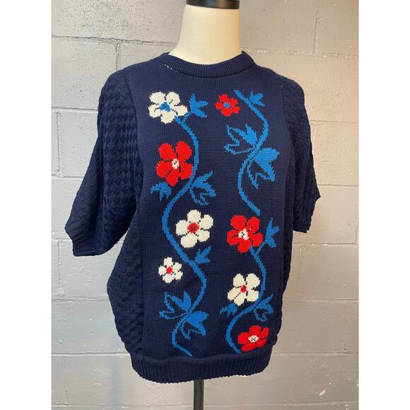 Vintage 1980s Floral Novelty Knit Short Sleeve Sweater Red White Blue Med - Picture 2 of 10